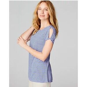 J Jill Womens Top Linen Blend Twist Sleeves Blue Stripes  Size Small NEW